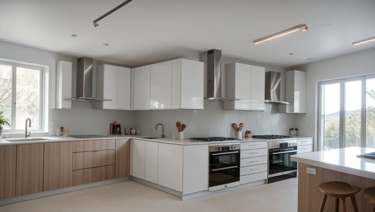 Cocina moderna con electrodomésticos inteligentes y iluminación eficiente