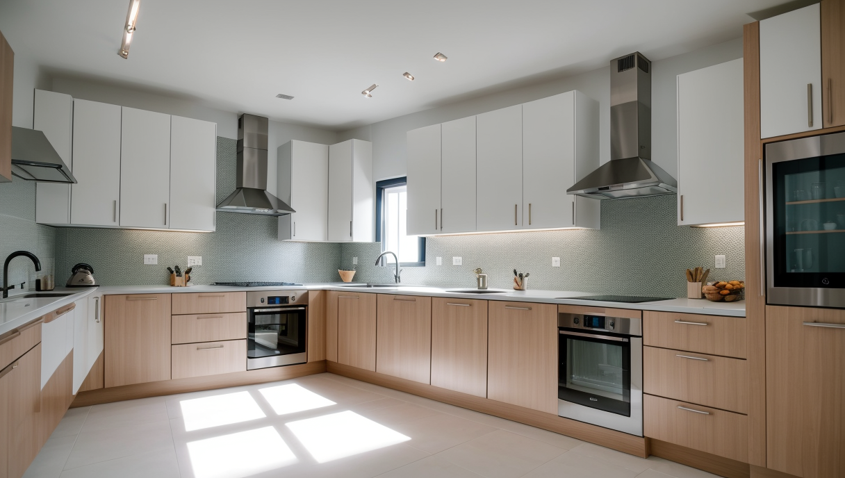 Cocina reformada con electrodomésticos modernos y muebles