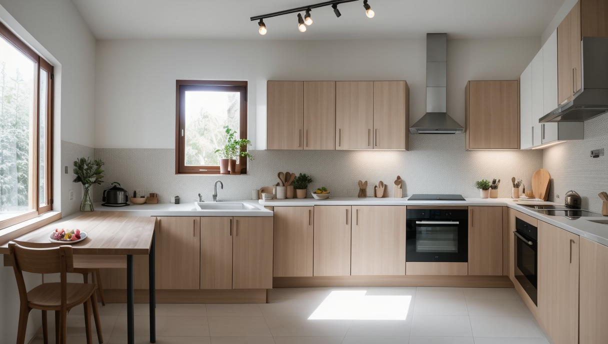 Cocina bien organizada con plano detallado en la pared