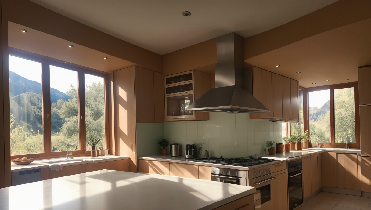 Cocina bien iluminada con ventanas grandes y luces LED