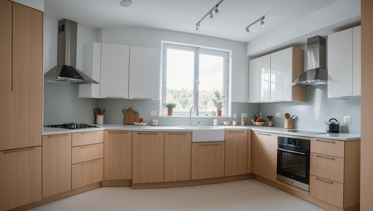 Cocina terminada con electrodomésticos modernos y decoración