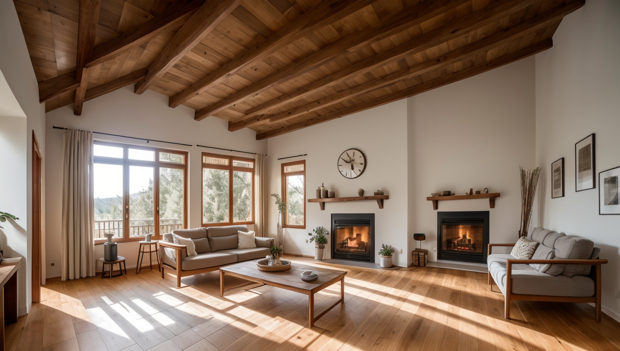 Salón reformado con suelo de madera y chimenea moderna