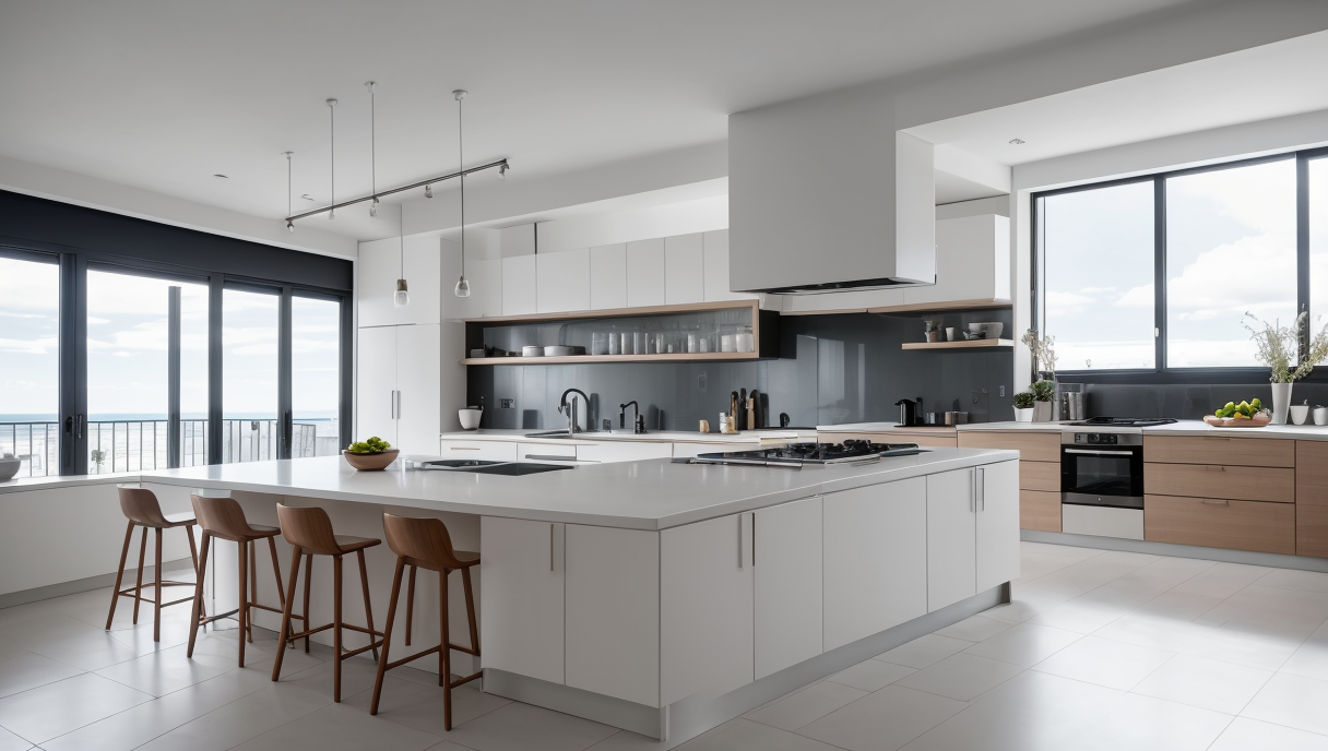Cocina moderna con suelo calefactado y una isla elegante